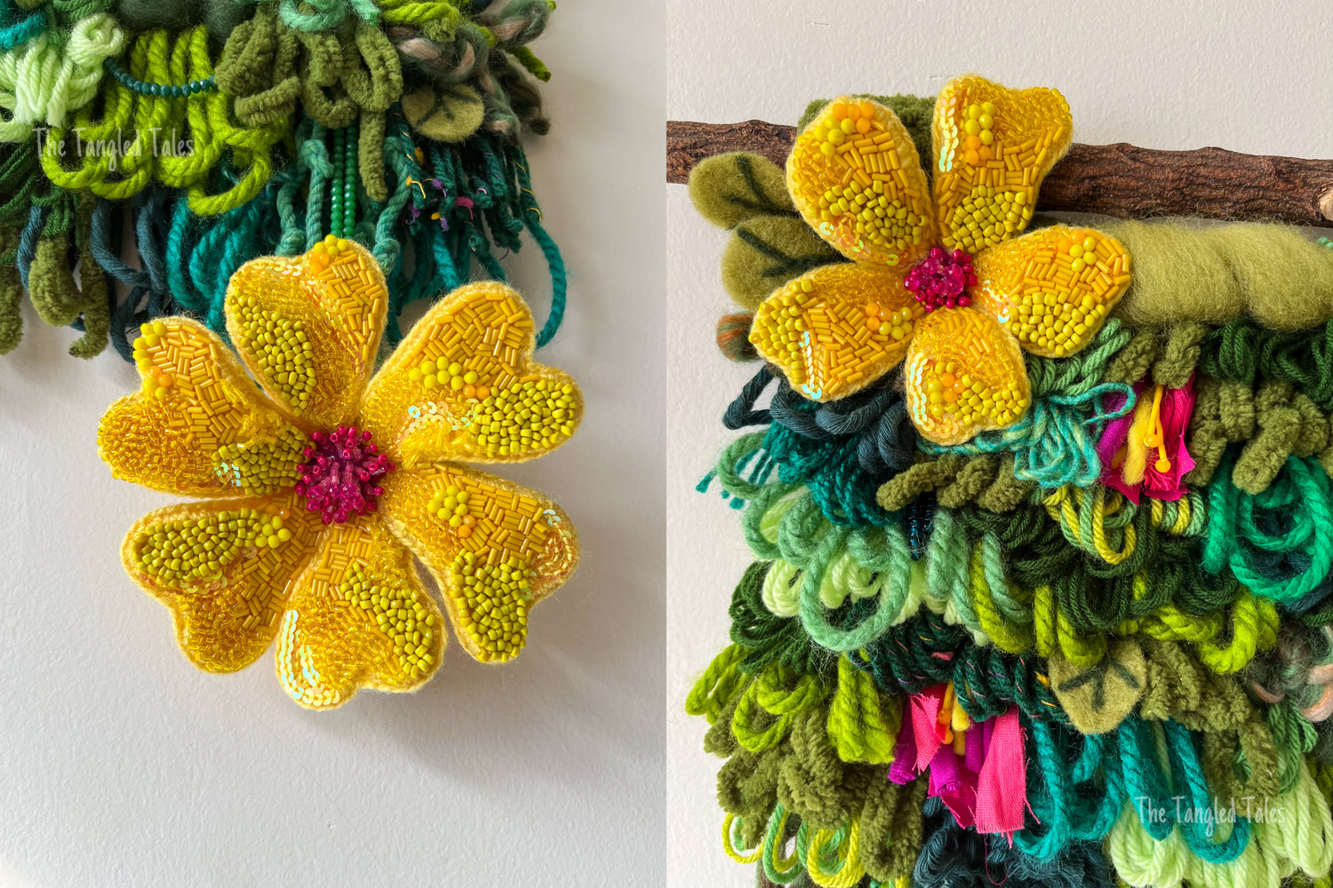 flowers forest green weaving art piece